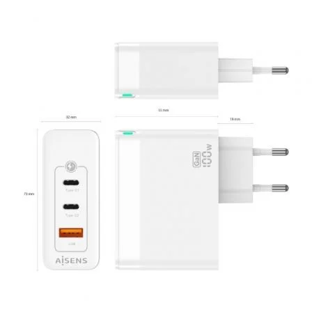 Aisens Cargador GaN 100W con 2xUSB-C y 1xUSB-A, Blanco